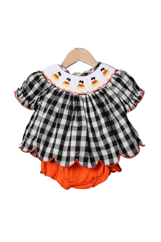 The Smocked Flamingo Apparel & Accessories Smocked Fancy Candy Corn Black Gingham Bloomer Set