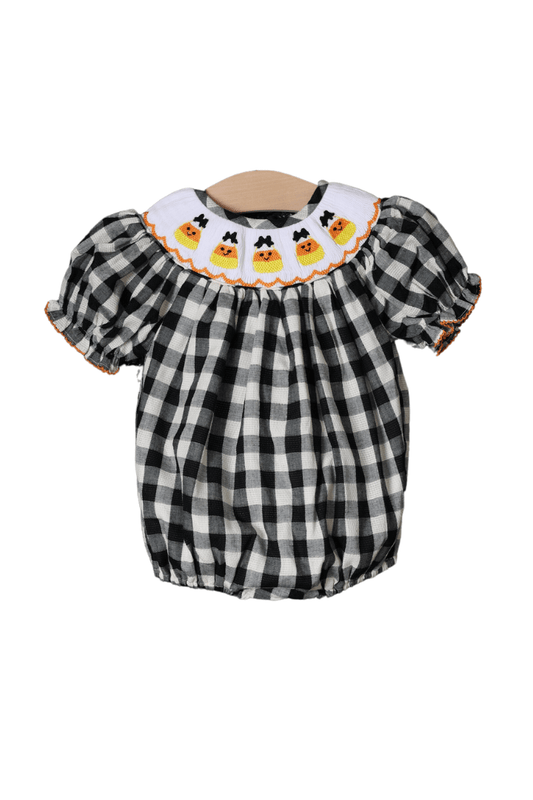 The Smocked Flamingo Apparel & Accessories Smocked Fancy Candy Corn Black Gingham Bubble