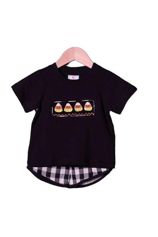 The Smocked Flamingo Apparel & Accessories Smocked Fancy Candy Corn Black Gingham Short Set