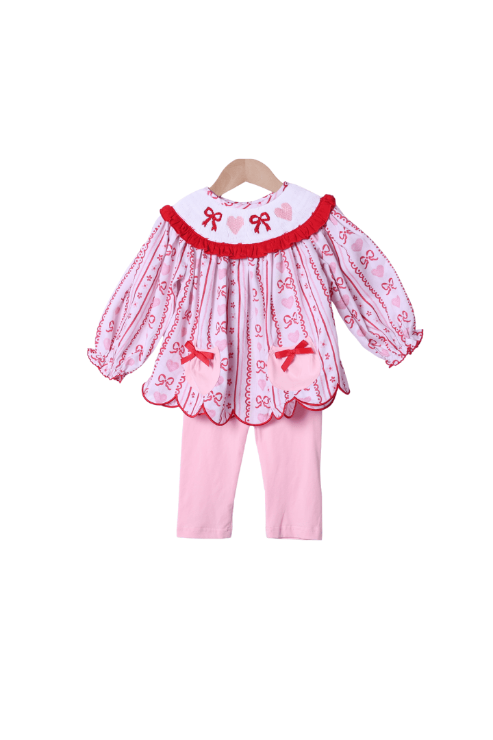 The Smocked Flamingo Apparel & Accessories Smocked Fancy Floral Heart and Bow Pant Set