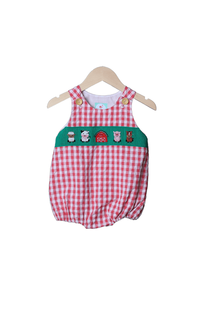 Frosted Red Tartan Handsmocked Boy Bubble