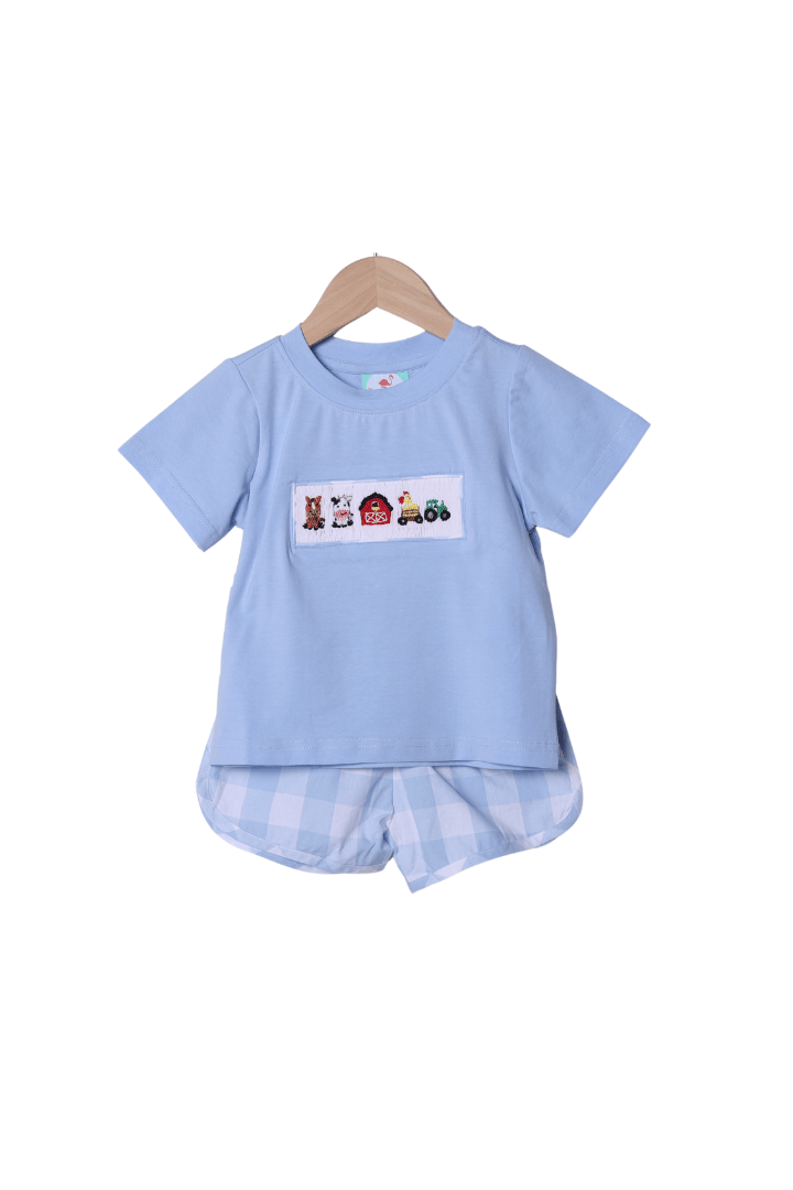 The Smocked Flamingo Apparel & Accessories Smocked Farm Fun Blue Gingham Short Set