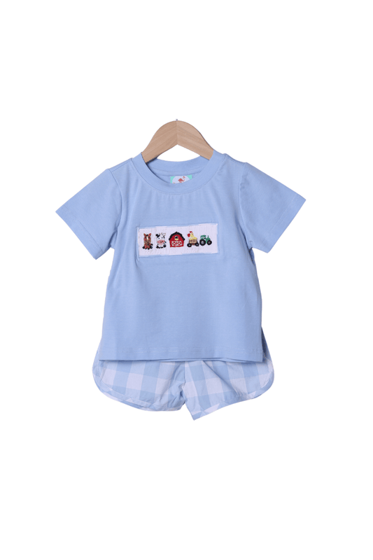 The Smocked Flamingo Apparel & Accessories Smocked Farm Fun Blue Gingham Short Set