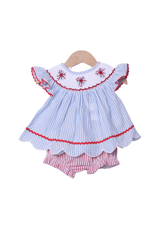 The Smocked Flamingo Apparel & Accessories Smocked Firework Seersucker Bishop Bloomer Set