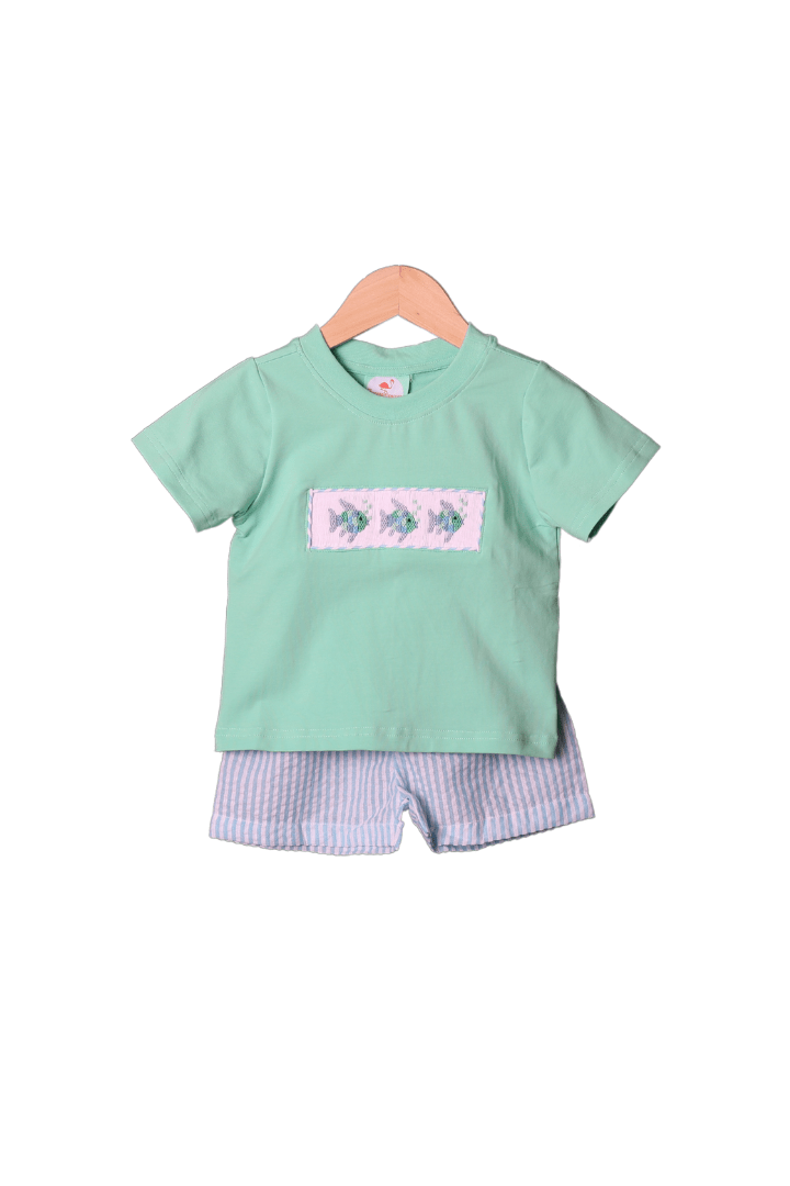 The Smocked Flamingo Apparel & Accessories Smocked Fish Aqua Seersucker Short Set