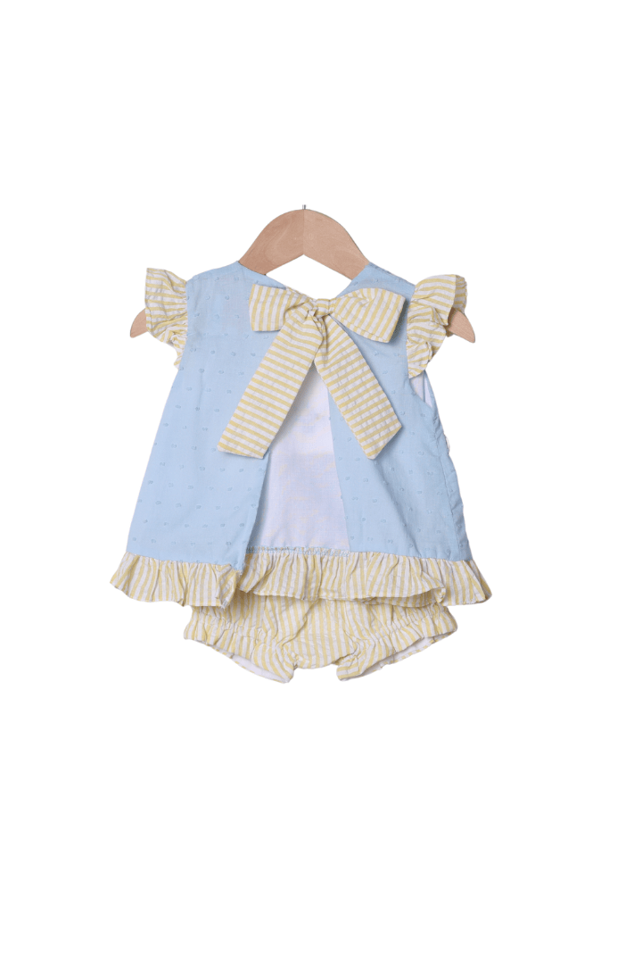 The Smocked Flamingo Apparel & Accessories Smocked Fish Blue/Yellow Seersucker Bloomer Set