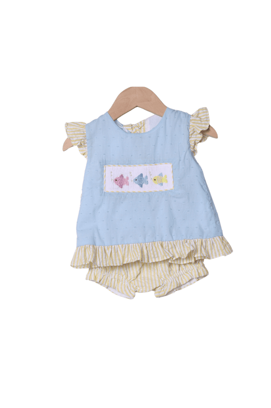 The Smocked Flamingo Apparel & Accessories Smocked Fish Blue/Yellow Seersucker Bloomer Set