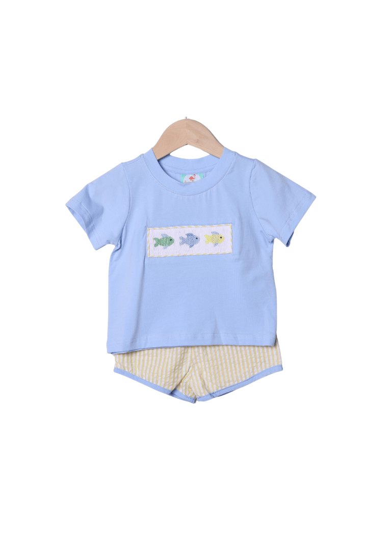 The Smocked Flamingo Apparel & Accessories Smocked Fish Blue/Yellow Seersucker Short Set
