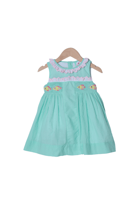 The Smocked Flamingo Apparel & Accessories Smocked Fish Mint Swiss Dot Dress