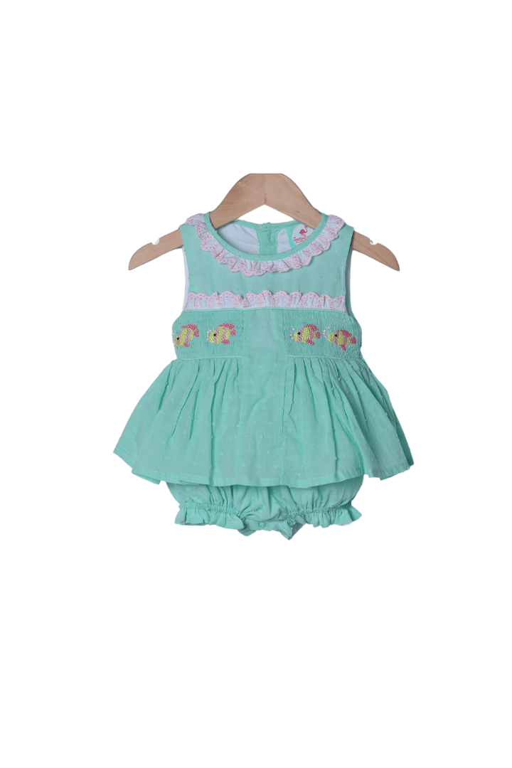 The Smocked Flamingo Apparel & Accessories Smocked Fish Mint Swiss Dot Skirted Bubble