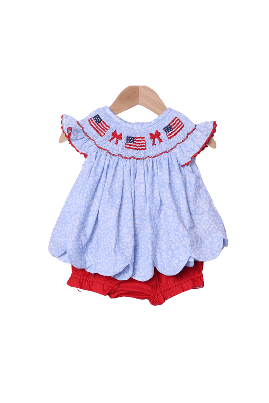 The Smocked Flamingo Apparel & Accessories Smocked Flag and Blue Floral Bloomer Set