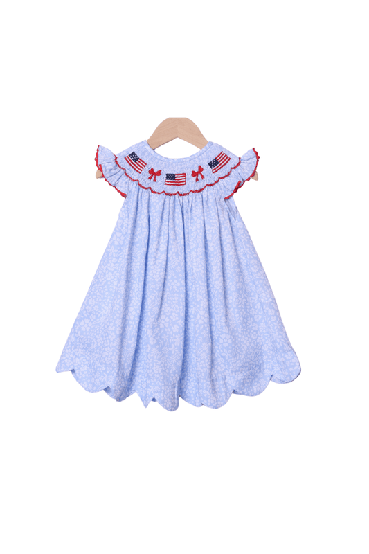 The Smocked Flamingo Apparel & Accessories Smocked Flag and Blue Floral Dress