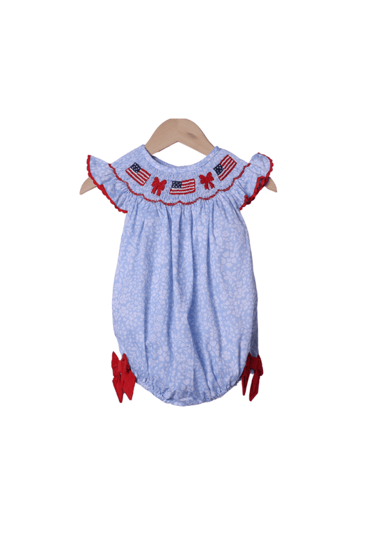 The Smocked Flamingo Apparel & Accessories Smocked Flag and Bow Blue Floral Bubble