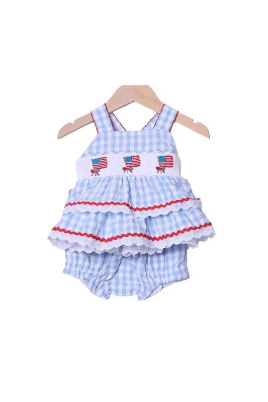 The Smocked Flamingo Apparel & Accessories Smocked Flag Blue Seersucker Bloomer Set