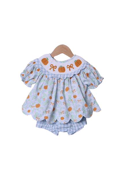 The Smocked Flamingo Apparel & Accessories Smocked Floral Pumpkin Bow Scalloped Bloomer Set