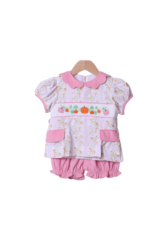 The Smocked Flamingo Apparel & Accessories Smocked Floral Pumpkins Pink Bow Bloomer Set