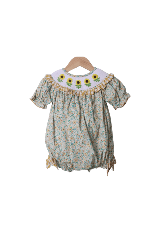 The Smocked Flamingo Apparel & Accessories Smocked Floral Sunflower Bow Bubble