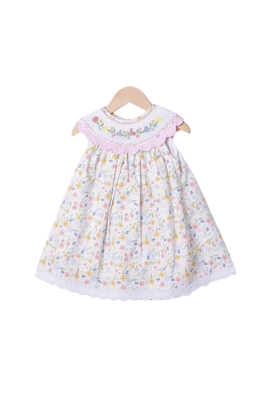 The Smocked Flamingo Apparel & Accessories Smocked Floral Sweet Bunny Scalloped Dress