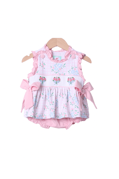 The Smocked Flamingo Apparel & Accessories Smocked Flower Bouquet Bow Knit Bloomer Set