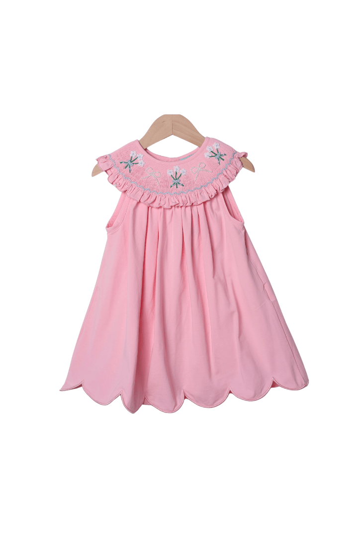 The Smocked Flamingo Apparel & Accessories Smocked Flowers and Pearl Pink Knit Dress