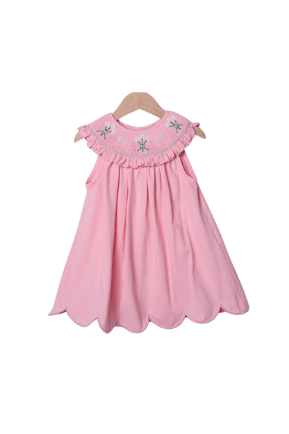 The Smocked Flamingo Apparel & Accessories Smocked Flowers and Pearl Pink Knit Dress
