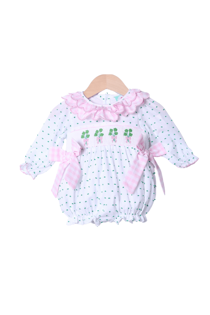 The Smocked Flamingo Apparel & Accessories Smocked Four Leaf Clover Swiss Dot Bubble