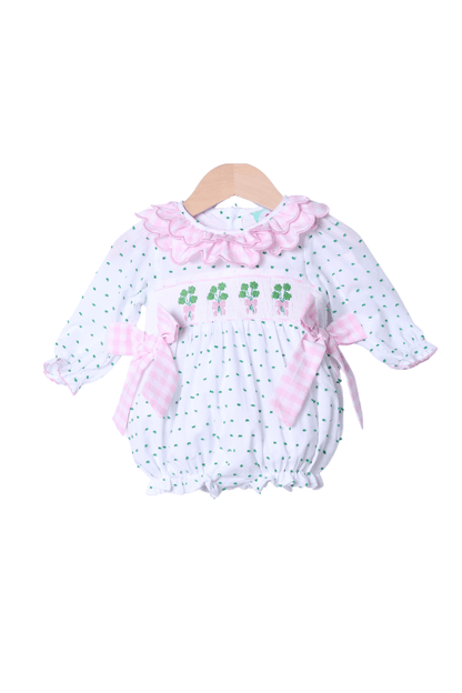 The Smocked Flamingo Apparel & Accessories Smocked Four Leaf Clover Swiss Dot Bubble