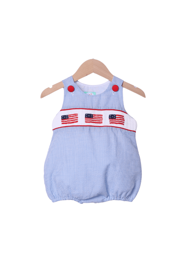 The Smocked Flamingo Apparel & Accessories Smocked Freedom Flag Blue Seersucker Bubble