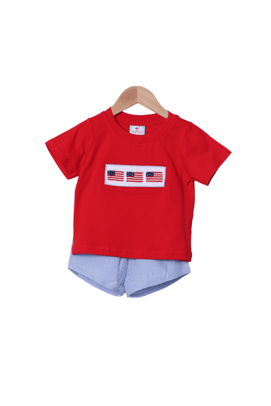 The Smocked Flamingo Apparel & Accessories Smocked Freedom Flag Red/Blue Seersucker Short Set