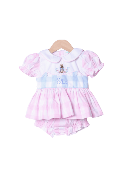 The Smocked Flamingo Apparel & Accessories Smocked French Knot Peter Rabbit Pink/Blue Buffalo Check Bloomer Set