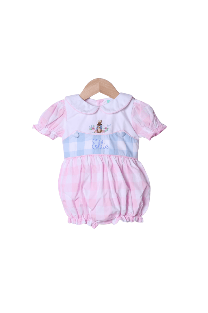 The Smocked Flamingo Apparel & Accessories Smocked French Knot Peter Rabbit Pink/Blue Buffalo Check Bubble