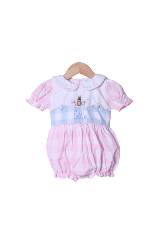 The Smocked Flamingo Apparel & Accessories Smocked French Knot Peter Rabbit Pink/Blue Buffalo Check Bubble