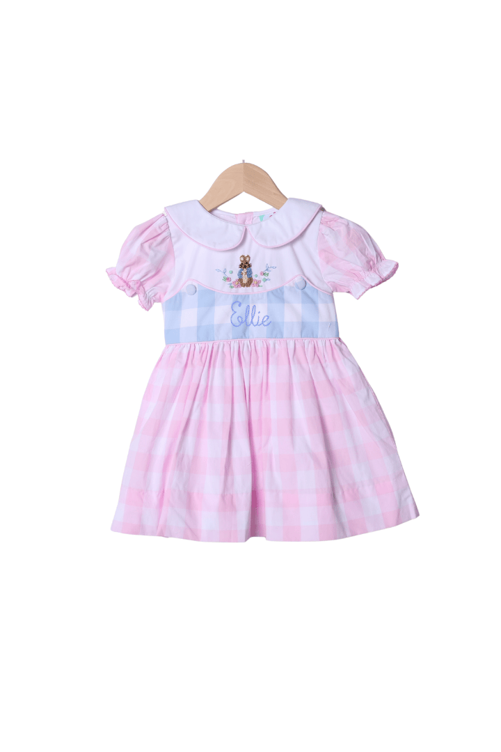 The Smocked Flamingo Apparel & Accessories Smocked French Knot Peter Rabbit Pink/Blue Buffalo Check Dress