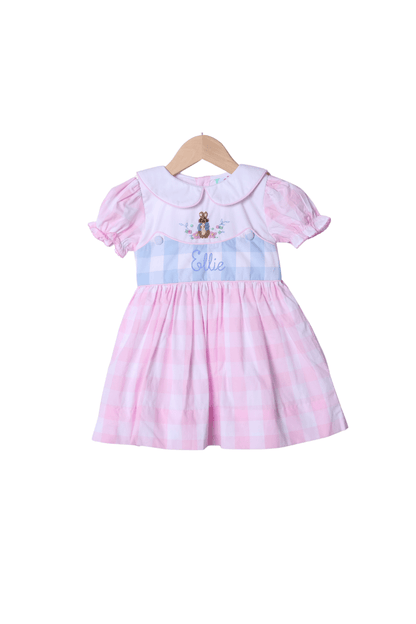 The Smocked Flamingo Apparel & Accessories Smocked French Knot Peter Rabbit Pink/Blue Buffalo Check Dress