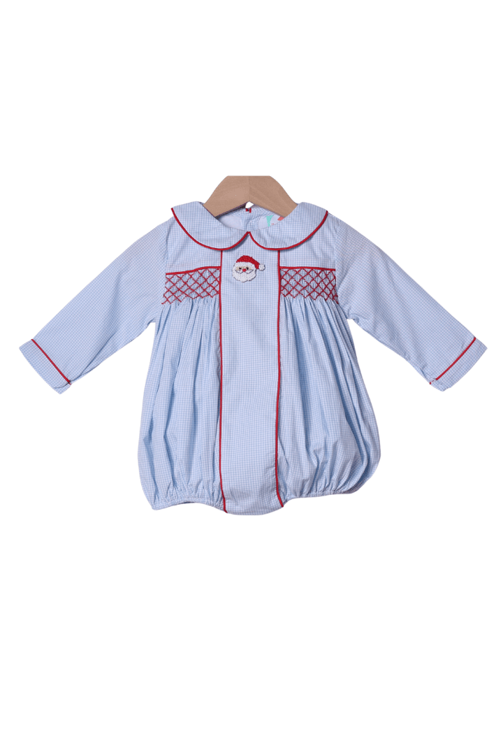 The Smocked Flamingo Apparel & Accessories Smocked/French Knot Santa Blue Gingham Bubble