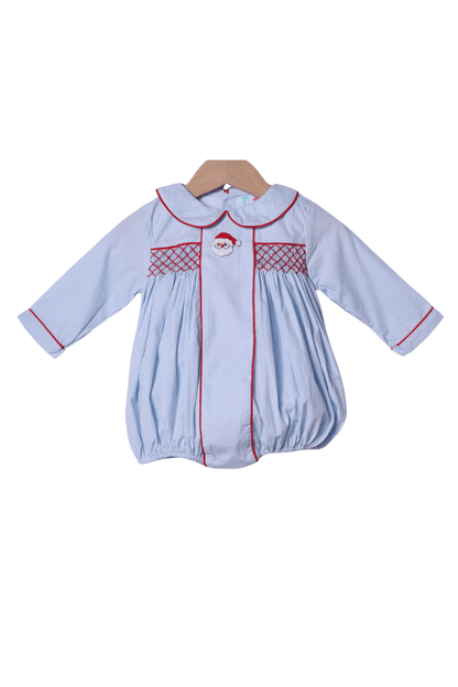 The Smocked Flamingo Apparel & Accessories Smocked/French Knot Santa Blue Gingham Bubble