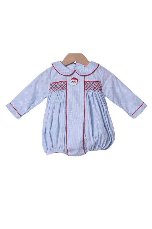 The Smocked Flamingo Apparel & Accessories Smocked/French Knot Santa Blue Gingham Bubble