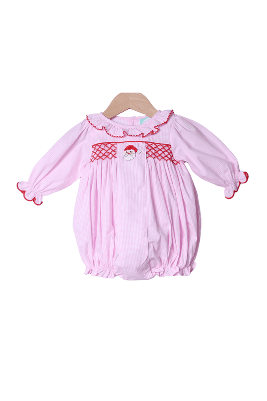 The Smocked Flamingo Apparel & Accessories Smocked/French Knot Santa Pink Gingham Ruffle Bubble