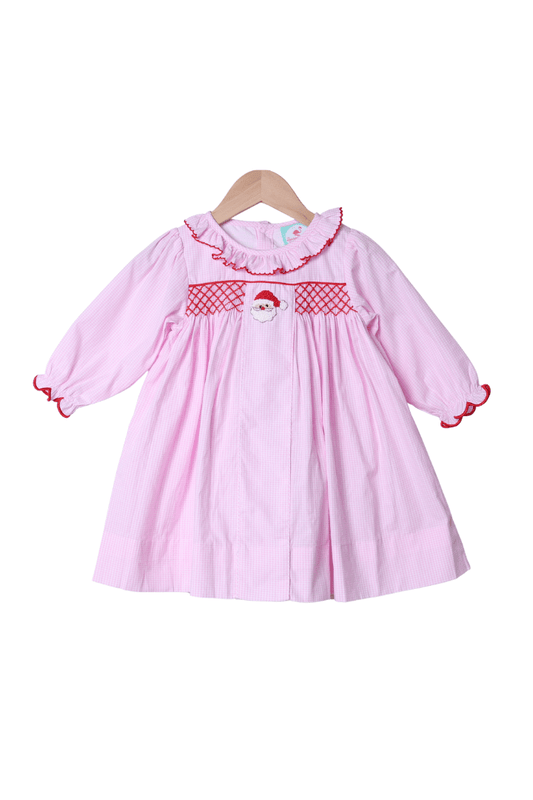 The Smocked Flamingo Apparel & Accessories Smocked/French Knot Santa Pink Gingham Ruffle Dress