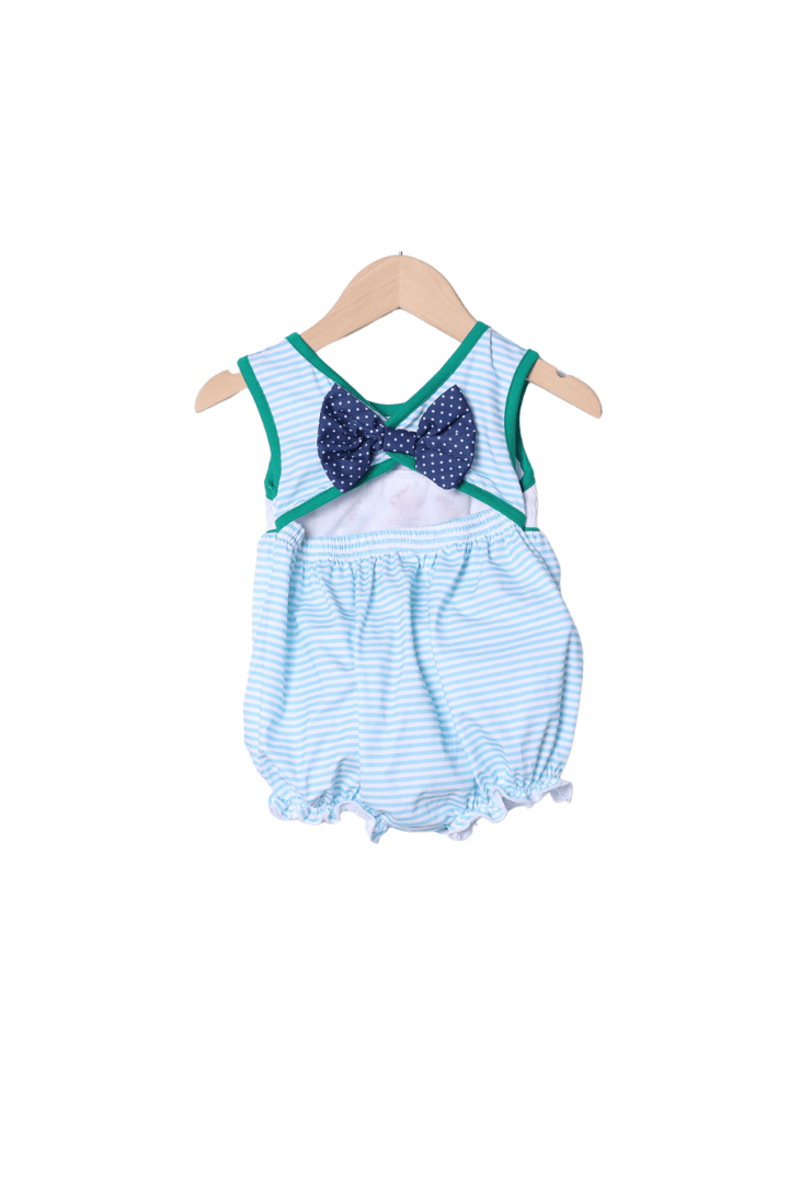 The Smocked Flamingo Apparel & Accessories Smocked Friends Blue Stripe Bow Bubble THIN STRIPE