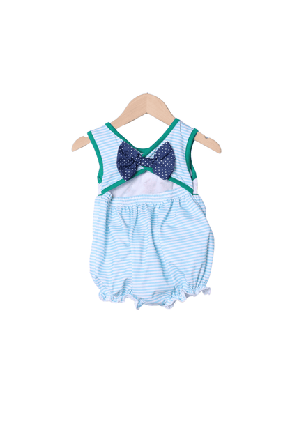 The Smocked Flamingo Apparel & Accessories Smocked Friends Blue Stripe Bow Bubble THIN STRIPE