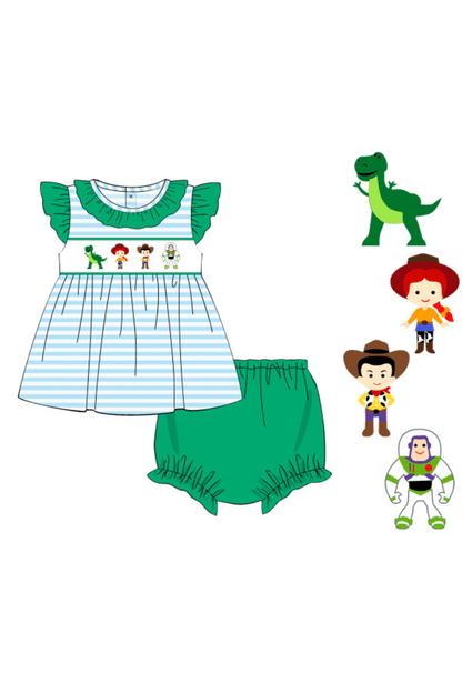 The Smocked Flamingo Apparel & Accessories Smocked Friends Blue Stripe/Green Knit Bloomer Set