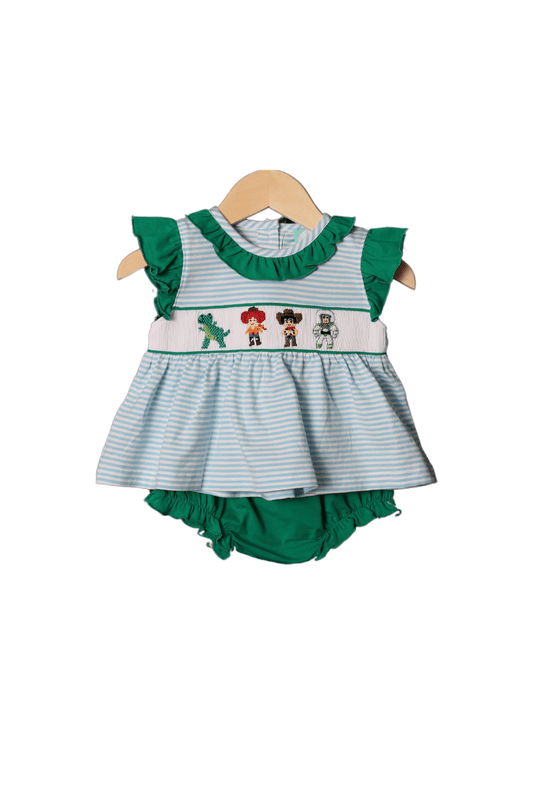 The Smocked Flamingo Apparel & Accessories Smocked Friends Blue Stripe/Green Knit Bloomer Set