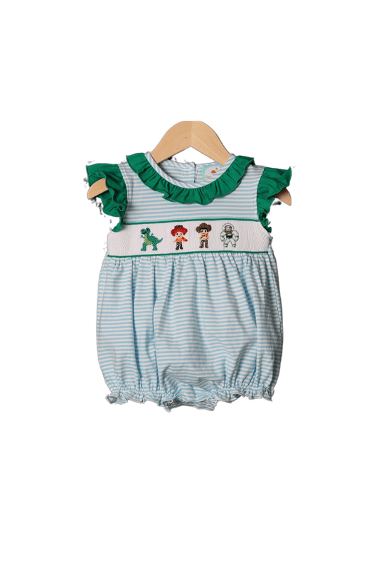 The Smocked Flamingo Apparel & Accessories Smocked Friends Blue Stripe/Green Ruffle Bubble