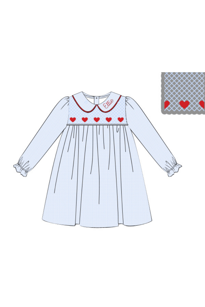The Smocked Flamingo Apparel & Accessories Smocked Geometric Hearts Blue Gingham Dress