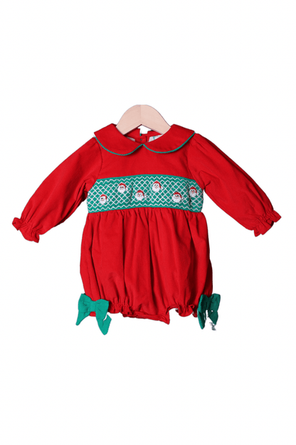 The Smocked Flamingo Apparel & Accessories Smocked Geometric Santa Red/Green Corduroy Bow Bubble