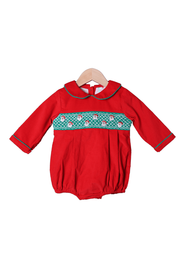 The Smocked Flamingo Apparel & Accessories Smocked Geometric Santa Red/Green Corduroy Bubble