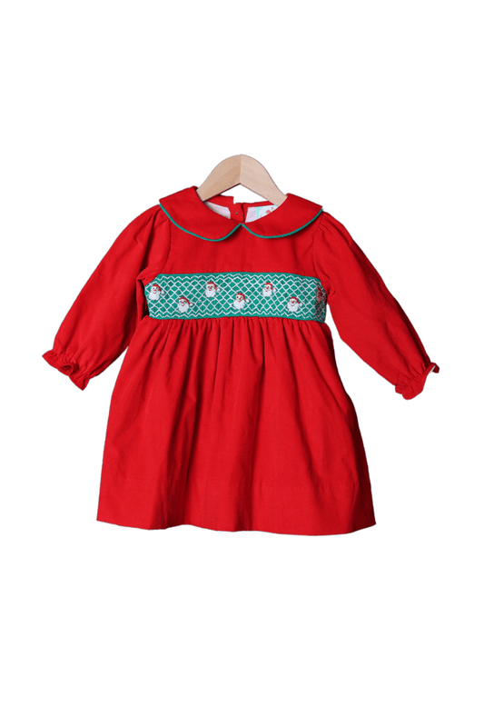 The Smocked Flamingo Apparel & Accessories Smocked Geometric Santa Red/Green Corduroy Dress