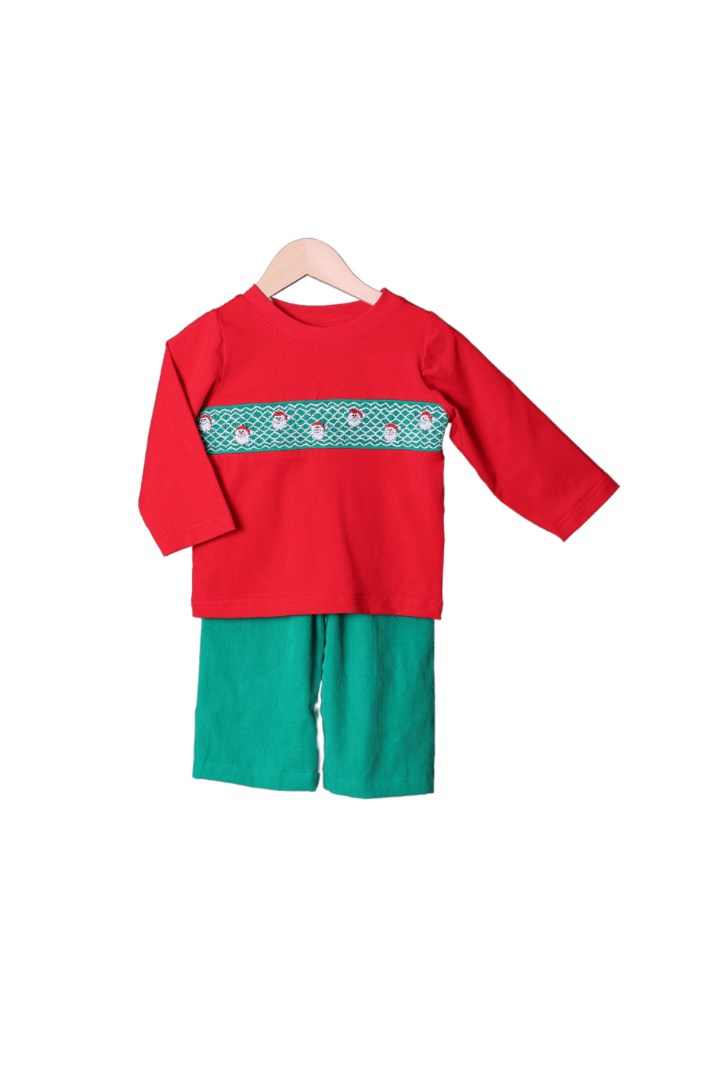 The Smocked Flamingo Apparel & Accessories Smocked Geometric Santa Red/Green Corduroy Pant Set