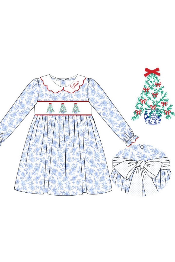 The Smocked Flamingo Apparel & Accessories Smocked Ginger Jar Christmas Tree Blue Floral Bow Dress